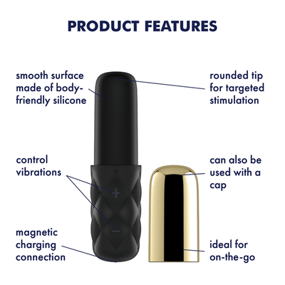 Image showing the product features. Features include - Smooth surface made of body-friendly silicone, control vibrations, magnetic charging connection, rounded tip for targeted stimulation, can also be used with the cap on, and ideal for on-the-go.