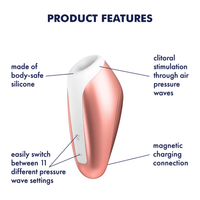 Image showing the product features. Features include - Made of body safe silicone, easily switch between 11 different pressure wave settings, clitoral stimulation through air pressure waves, and magnetic charging connection.