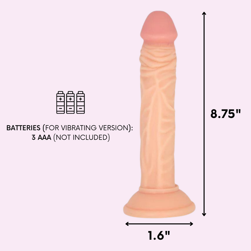 Dildo is 8.75" long and 1.6" at it&