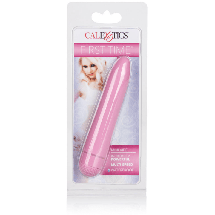 Image of the product packaging of the pink vibrator. Packaging reads: CalExotics. First Time. Mini vibe. Incredible powerful. Multi-speed. Waterproof.