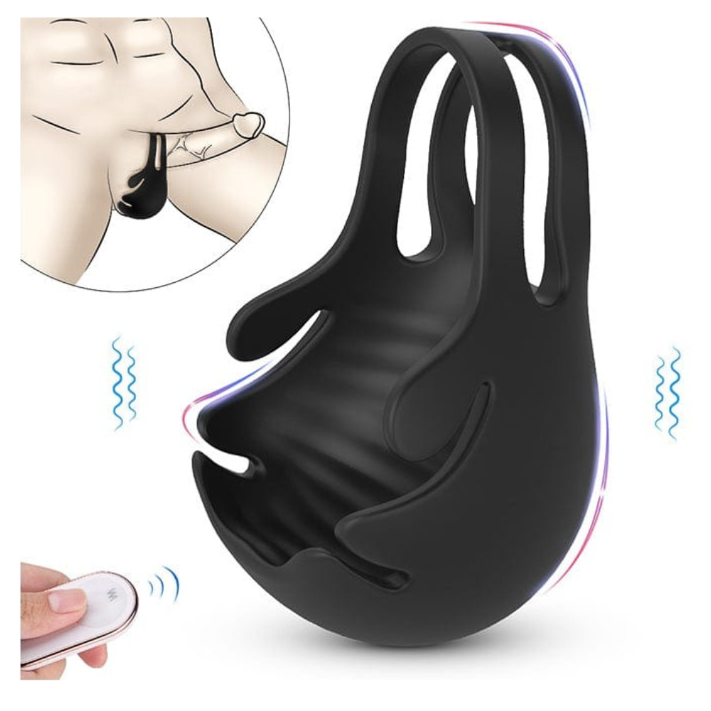 Dual cock ring and ball vibrator with remote and demonstration on how to wear it.