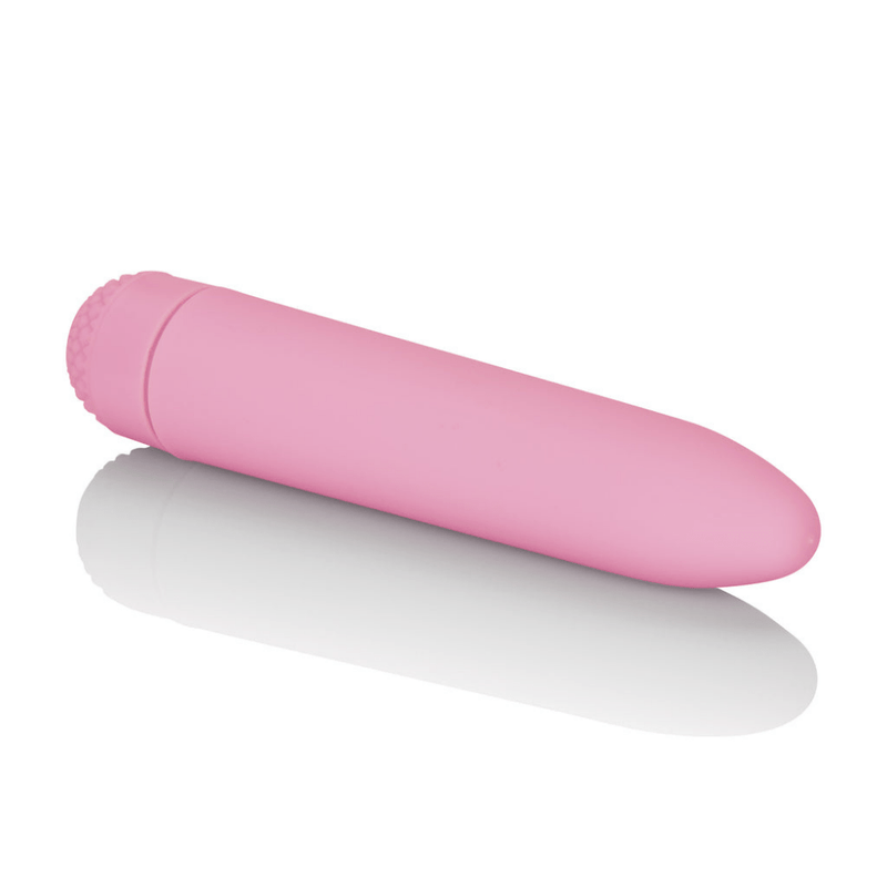 Image of the pink vibrator on its side, with a close up of the tip.