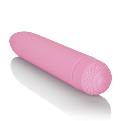 Image of the pink vibrator on its side, with a close up of the back.