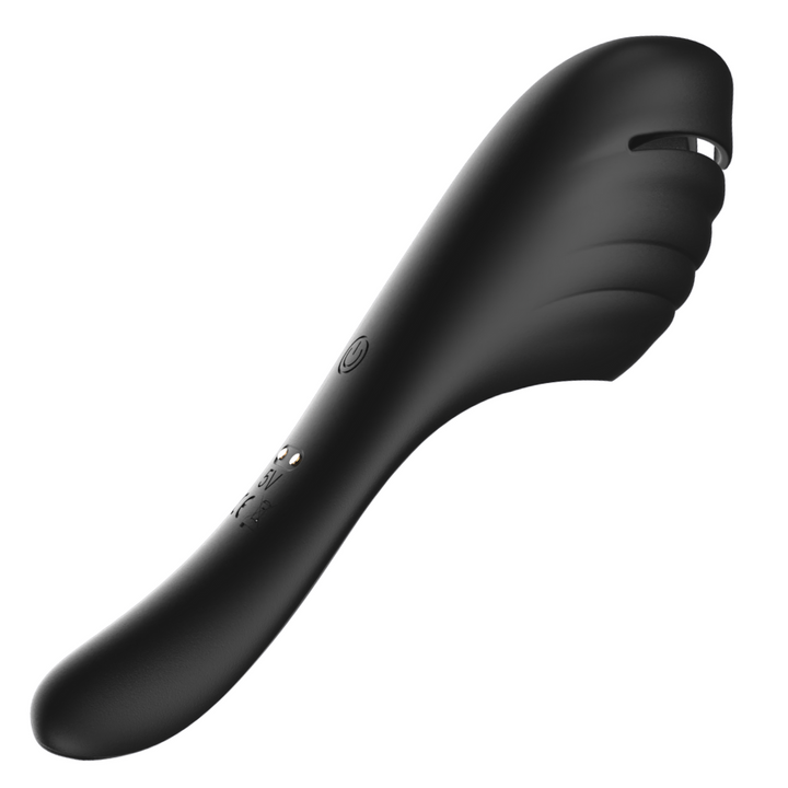 Vibrating penis massager from the back and turned slightly to the side.