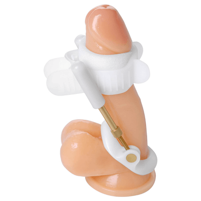 Image of the Size Matters Deluxe Penis Enlarger System shown on a dildo. (not included)