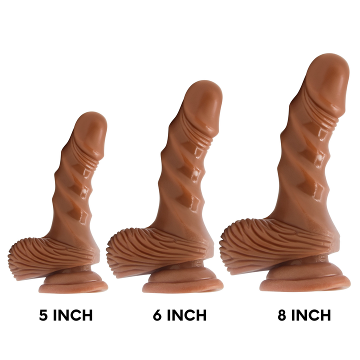Photo of dildo in three different available sizes ~ 5 Inch, 6 inch, and 8 inch suction cup dildo pictured next to each other.