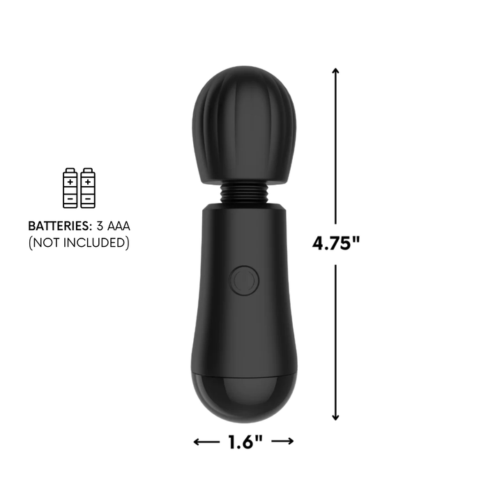 This wand has a 1.6 inch diameter and is 4.75 inches in length. Requires 3 AAA batteries (not included)