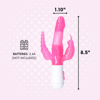 pink triple stimulator with measurements. 1.10" wide and 8.5" tall. batteries: 2 aa (not included)