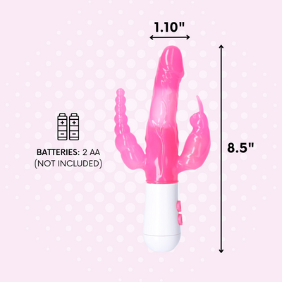 pink triple stimulator with measurements. 1.10" wide and 8.5" tall. batteries: 2 aa (not included)