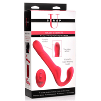 Image of the packaging for the Strap U Mighty-Thrust Thrusting & Vibrating Strapless Strap-On with Remote Control. Text reads powerful vibration, thrusting action, 10 shaft and bulb vibrating modes, premium silicone, 3 thrusting speeds, waterproof, rechargeable