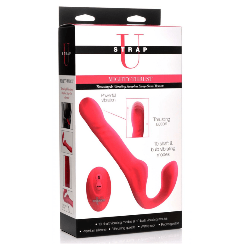 Image of the packaging for the Strap U Mighty-Thrust Thrusting & Vibrating Strapless Strap-On with Remote Control. Text reads powerful vibration, thrusting action, 10 shaft and bulb vibrating modes, premium silicone, 3 thrusting speeds, waterproof, rechargeable