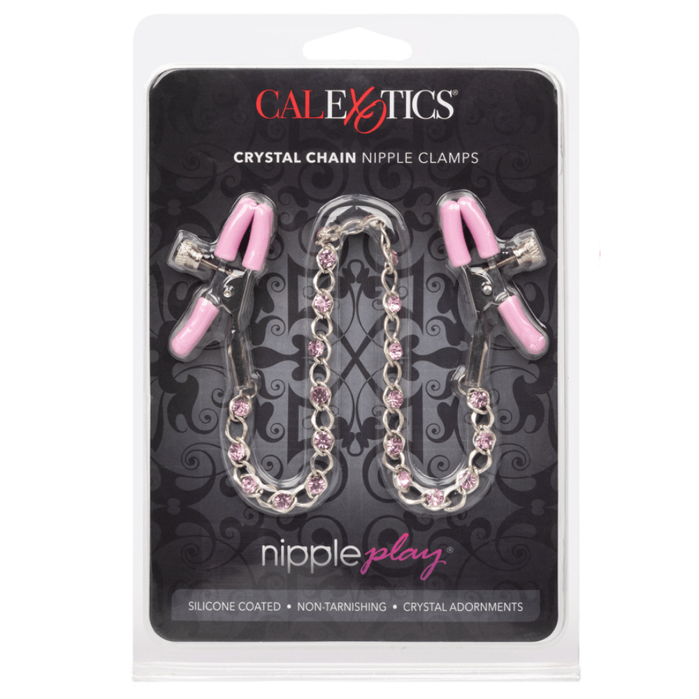 Image of the product packaging of the nipple clamps. Packaging reads: CalExotics. Crystal chain nipple clamps. Nipple play. Silicone coated, non tarnishing, crystal adornaments. 