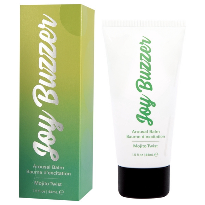 Image of the Joy Buzzer Clitoral Arousal Balm tube and packaging in Mojito Twist flavor. 1.5 fl. oz. tube