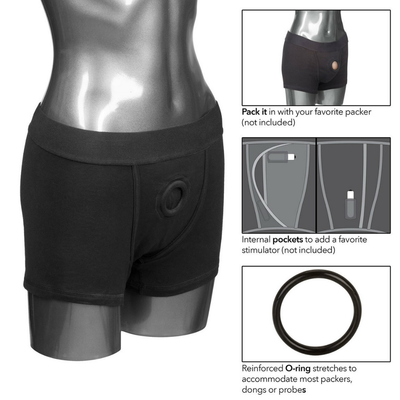Image of the boxers on their own with steps on how to use them. Steps include: Pack it in with your favorite packer (Not included). Internal pockets to add a favorite stimulator (not included). Reinforced O-ring stretches to accommodate post packers, dongs, or probes.