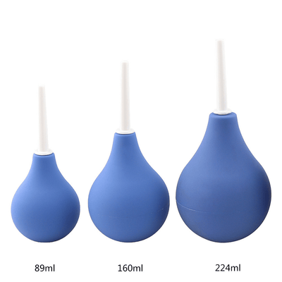 Image of the blue enema douche shown in 3 different sizes - small, medium, and large.
