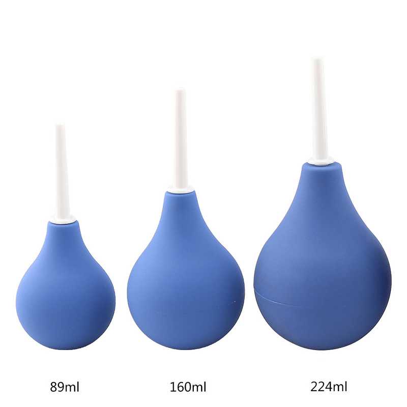Image of the blue enema douche shown in 3 different sizes - small, medium, and large.