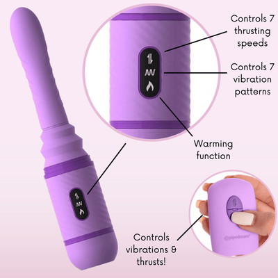 Buttons on the toy controls 7 thrusting speeds. Controls 7 vibration patterns. Warming functions. Remote controls vibrations and thrusts