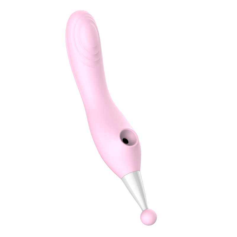 air pulse toy with vibrating tip facing down front left showing how you could position this vibe