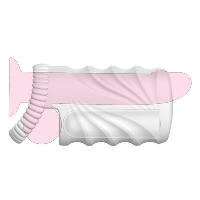 Pink illustrated suction cup dildo with balls facing right with the product image of the masturbation sleeve overlayed to demonstrate positioning on a penis