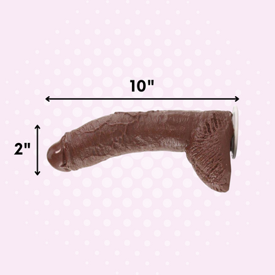 The hollow strap-on dildo is 10" long and 2" wide.