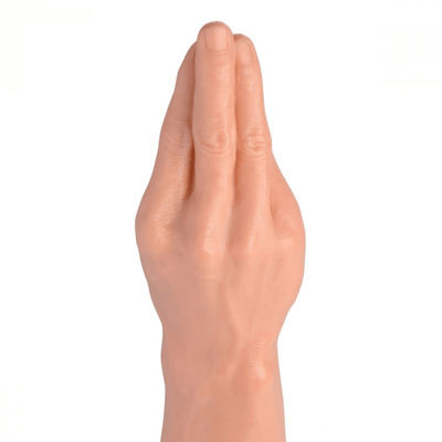 Close-up image of the hand and fingers on the forearm dildo.