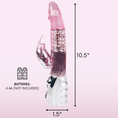 Batteries. 4 AA (not included). 10 inches in length, 1.5 inches in diameter.
