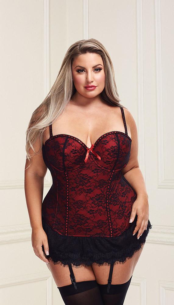 Underwire Bustier Set with Lace Overlay and Contoured Waist-Boning - Lingerie
