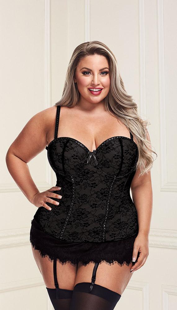 Underwire Bustier Set with Lace Overlay and Contoured Waist-Boning - Lingerie