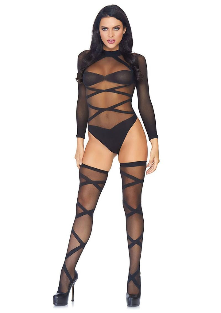Image of a person wearing the Sheer Criss Cross Bodysuit and Thigh High Set.