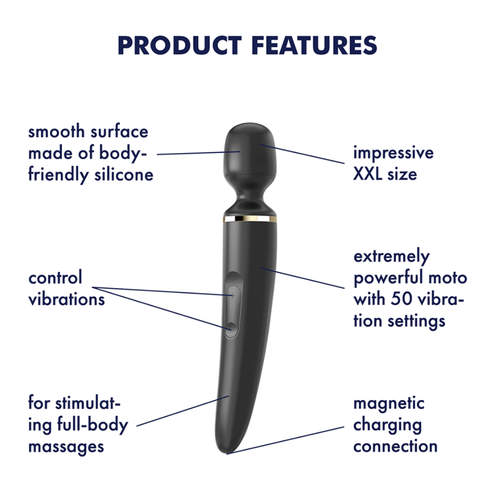 Image highlight product feature. Image reads: Product features. Smooth surface made of body-friendly silicone, control vibrations, for stimulating full-body massages, impressive XXL size, extremely powerful moto with 50 vibration settings, and magnetic charging collection.