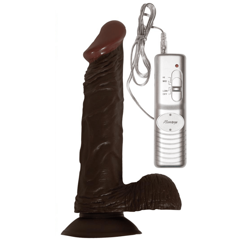 Image of the brown 8 inch dildo with balls.