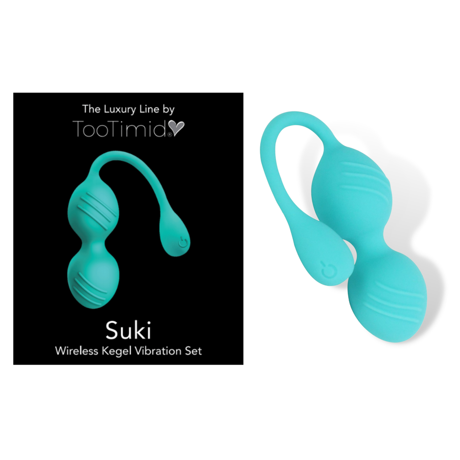 Photo of the Suki kegel ball next to its packaging.