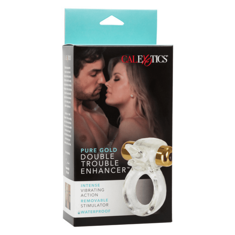 Image of the product packaging of the cock ring. Packaging reads: CalExotics. Pure Gold Double Trouble Enhancer. Intense vibrating action. Removable stimulator.