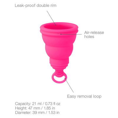 Graphic showing the product features of the menstrual cup. Graphic reads: Leak-proof double rim, air-release holes, easy removal loop. Capacity: 21 ml / 0.73 fl oz. Height: 47 mm / 1.85 inches. Diameter: 39 mm / 1.53 inches.