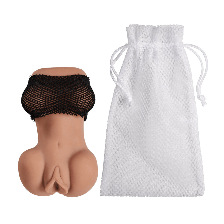 Image of the masturbator standing upright next to the white drawstring storage bag that is included.