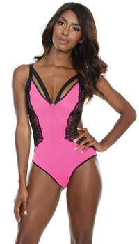Hot Pink And Black Crotchless Teddy With Lace Detail - Lingerie
