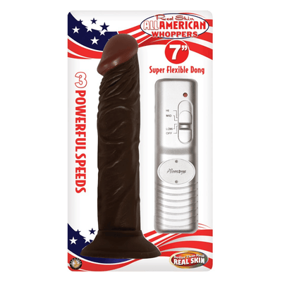 Image of the product packaging of the brown 7 inch dildo.