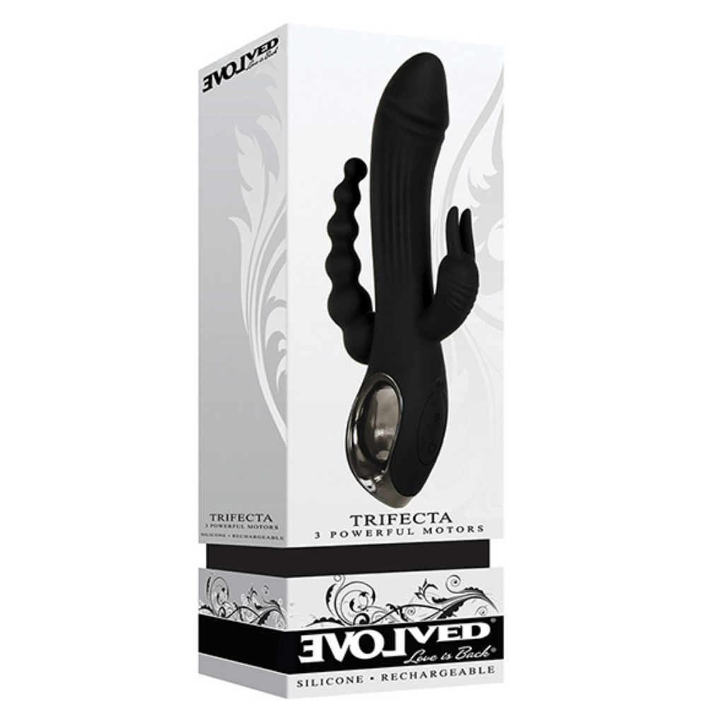 Image of the packaging for the Evolved Trifecta Rechargeable Vibrating Triple Stimulator. Text reads Trifecta 3 powerful motors, Evolved love is back, silicone, rechargeable.
