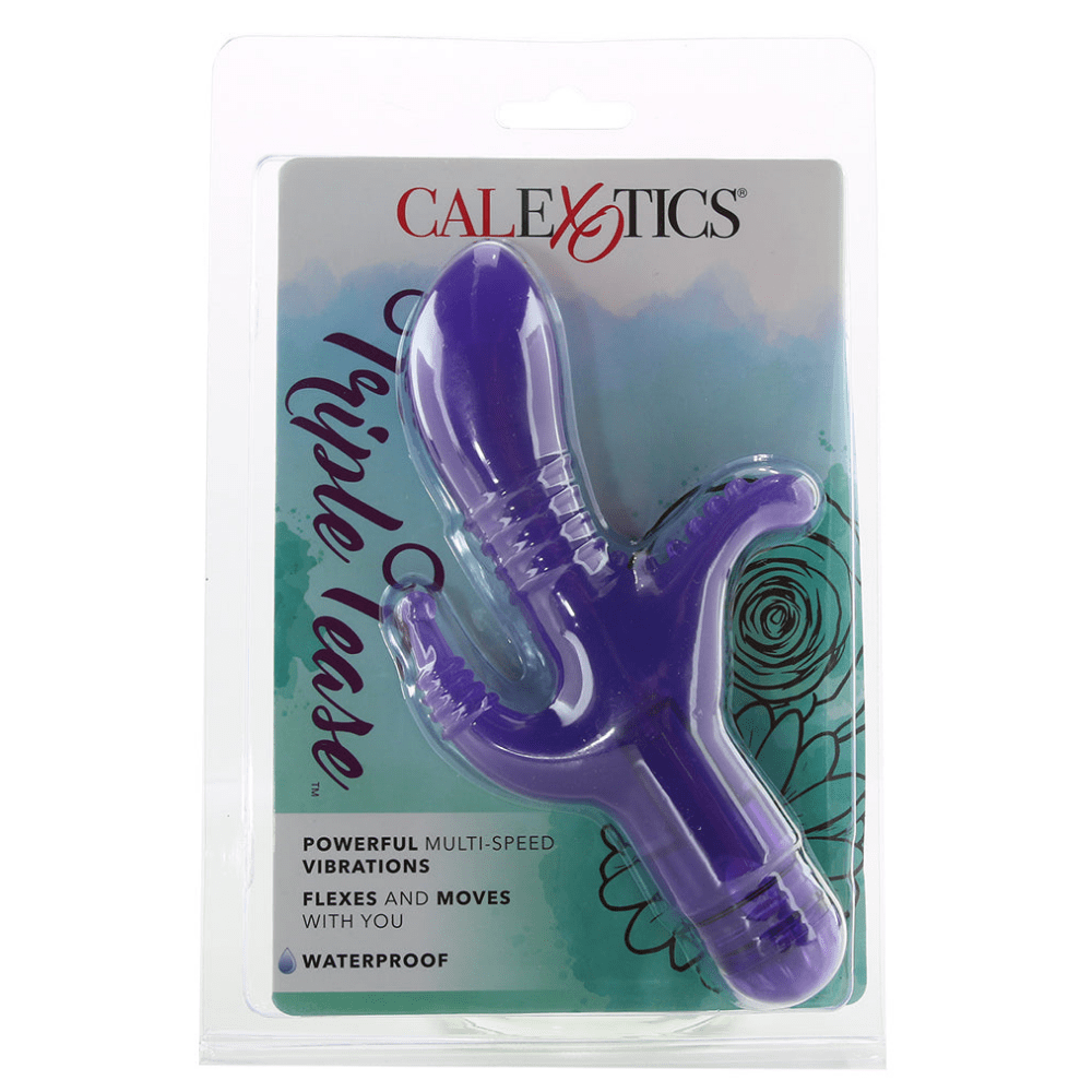 Image of the product packaging of the purple triple tease vibrator.
