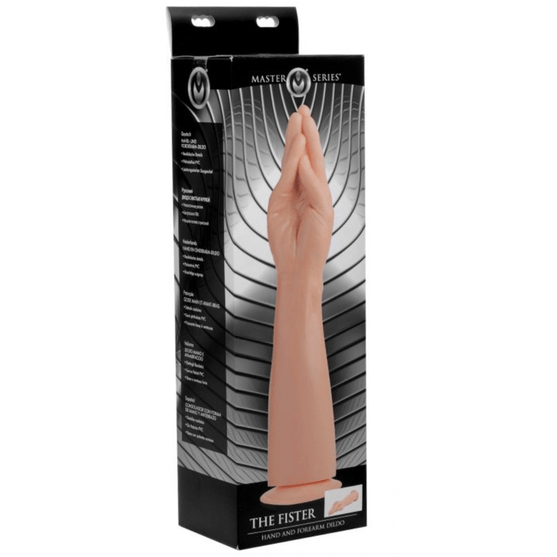 Image displays hand and forearm dildo in packaging. 