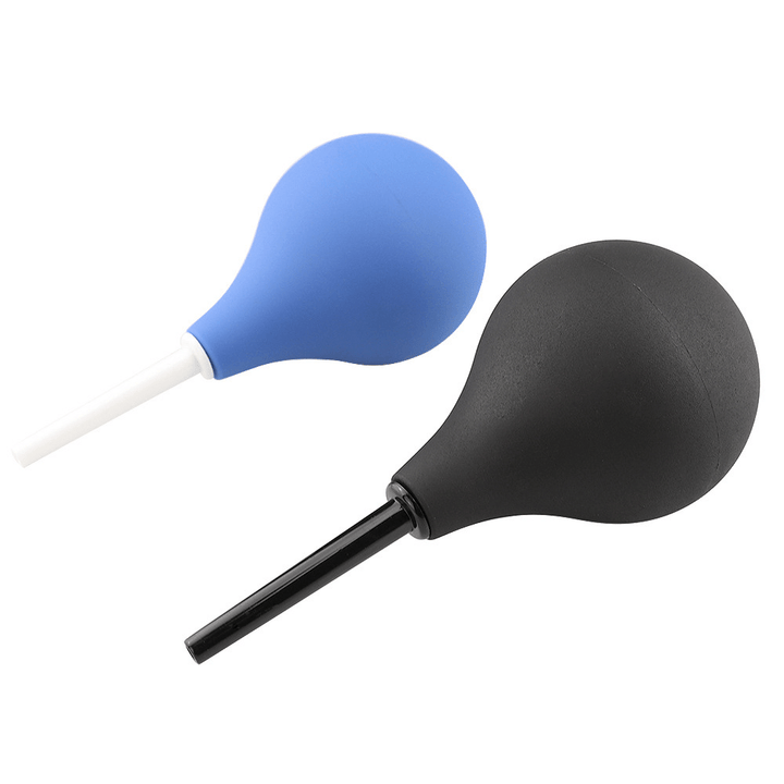 Image of the black and blue enema douches next to each other and turned to the side.