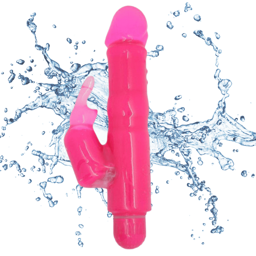 Image of the pink rabbit vibrator, with water splashing behind it.