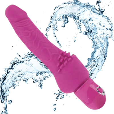 Image if the pink cliterrific toy with water splashing behind it.
