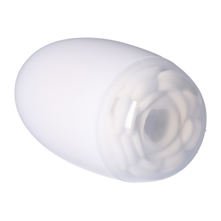 Picture of the rose masturbator with the case and lid, layind down.