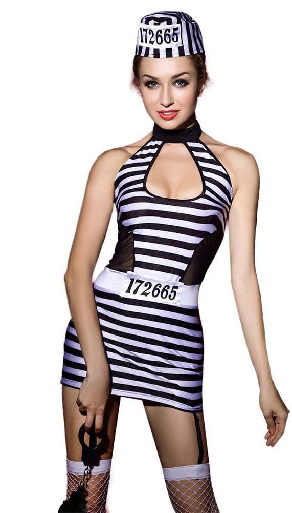 Model Wearing Striped Prisoner Lingerie Costume