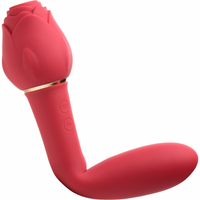 Image of the bloomgasm dual-ended rose wand vibrator bent to show the flexibility at the base.