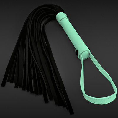Image of the GLO Bondage Glow In The Dark Flogger showing the handle and looped base that glow in the dark.
