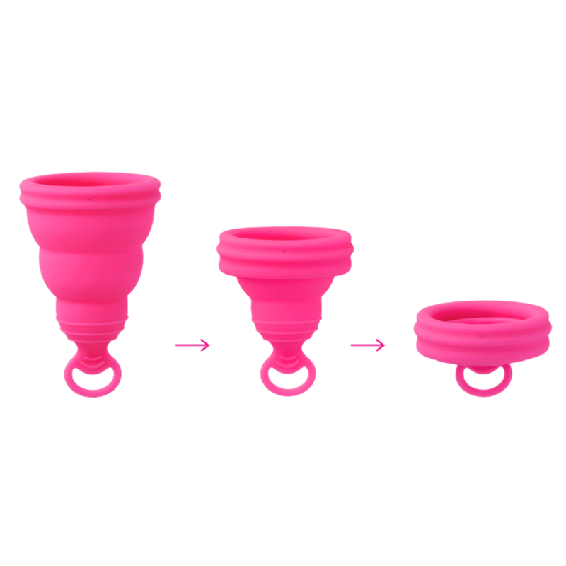 Image of the menstrual cup, showing how it is collapsible by showing it at each collapsed state.