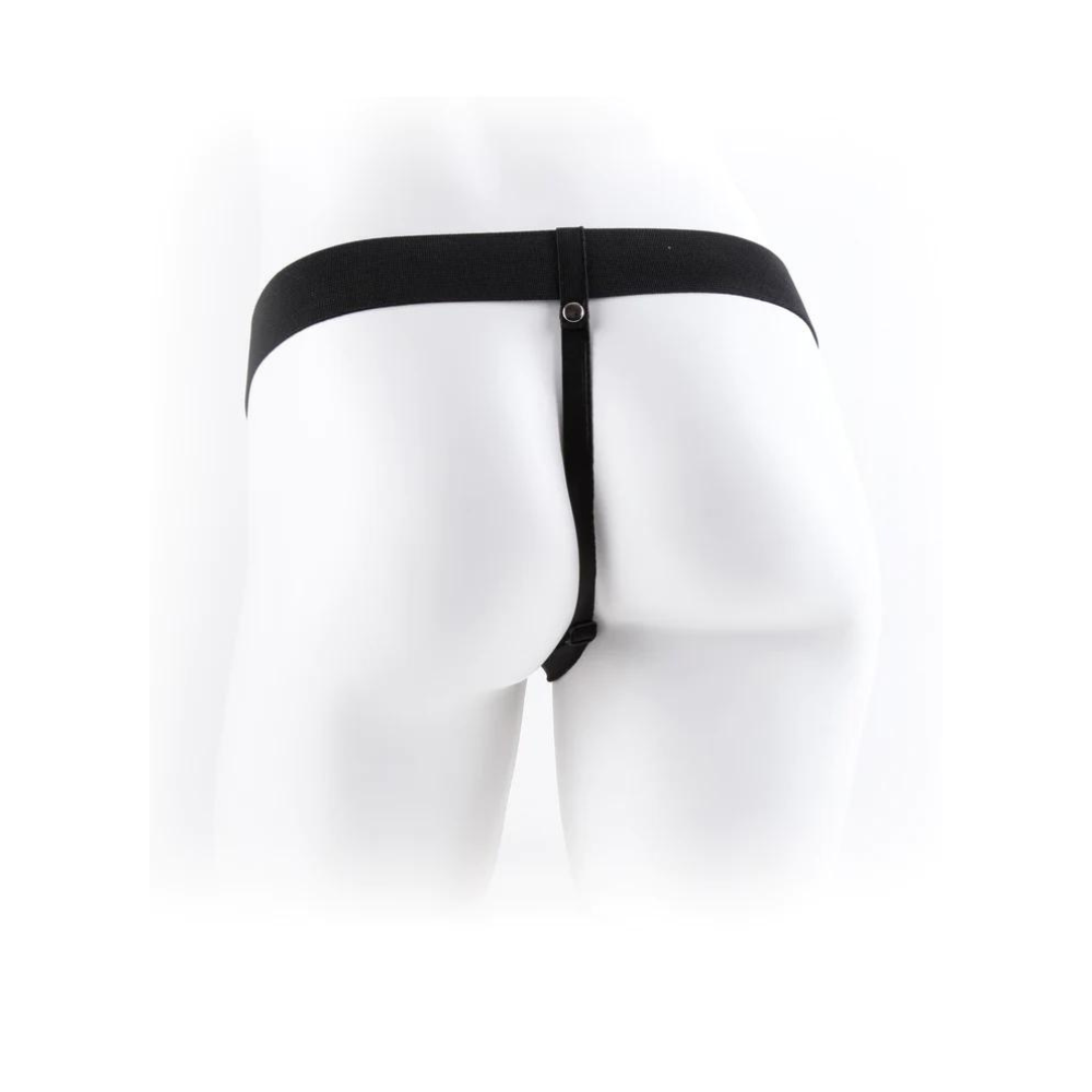 Harness from behind showing the strap on the users waist and butt
