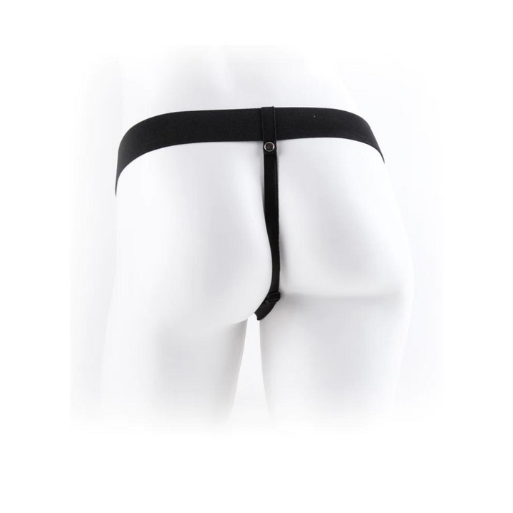 Harness from behind showing the strap on the users waist and butt